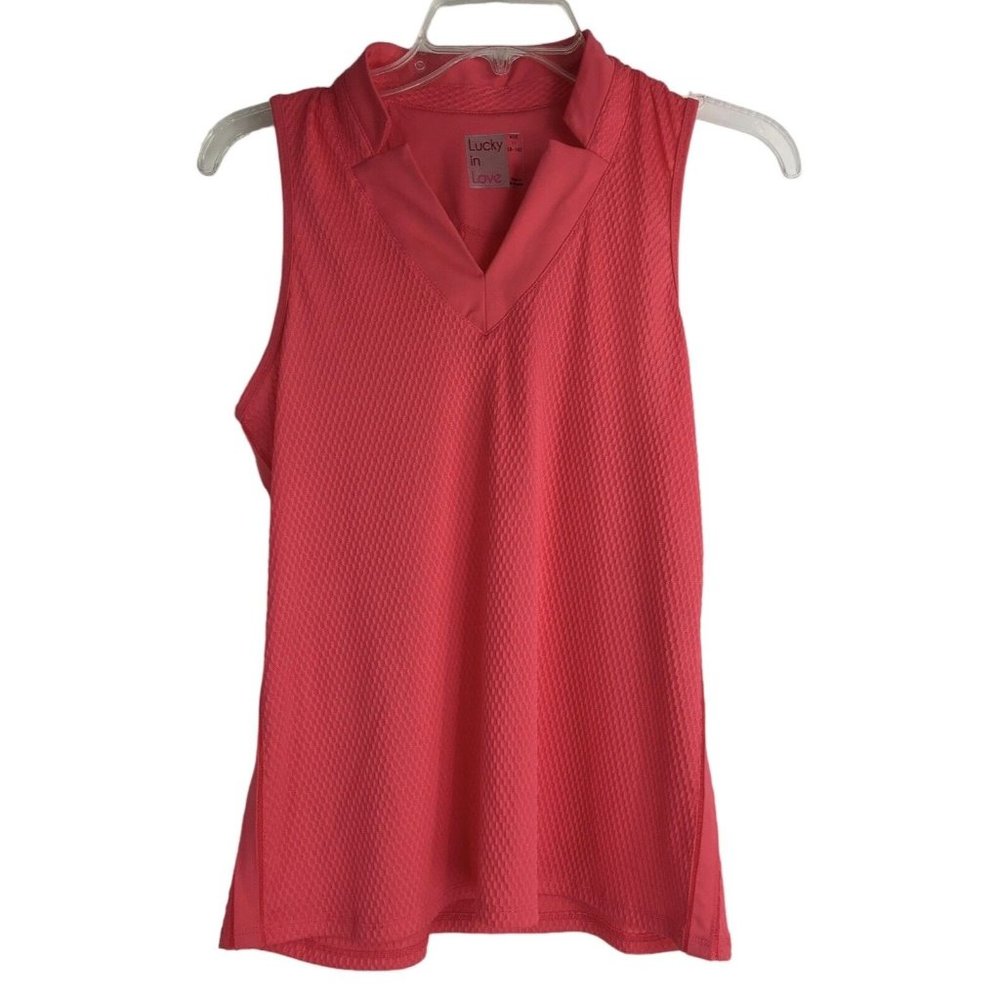Lucky In Love Tank Top Womens Size Medium M Pink Golf Tennis Mesh Sides V Neck